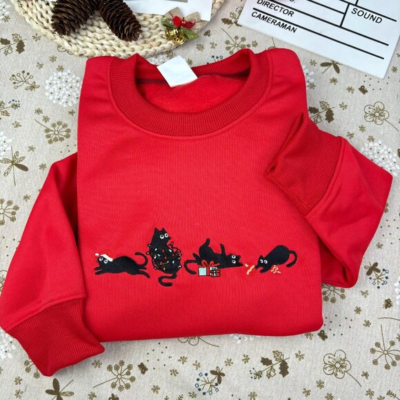 Christmas Cute Cat Embroidered Sweatshirt, Embroidered Funny Christmas Hoodie - Picture 6 of 7